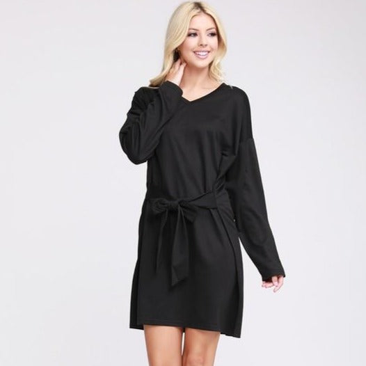 Long Sleeve Tie Front French Terry Dress - Black