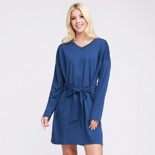 Long Sleeve Tie Front French Terry Dress - Navy