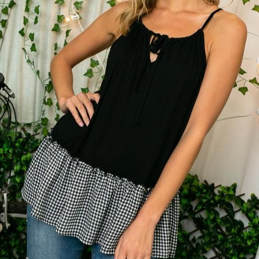 Checkered Ruffle Tie Front Tunic
