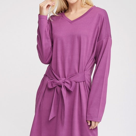 Long Sleeve Tie Front French Terry Dress - Plum