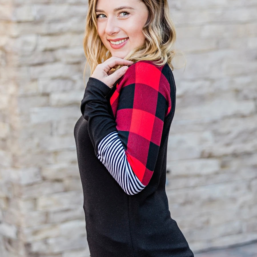 XS ONLY Buffalo Plaid/Stripe Sleeve Top