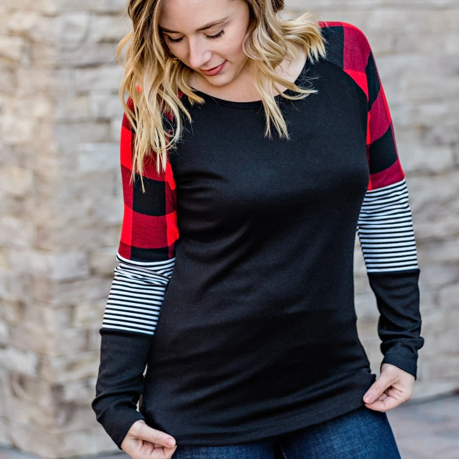 XS ONLY Buffalo Plaid/Stripe Sleeve Top