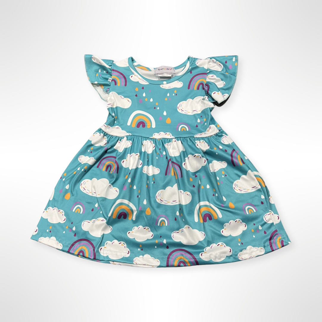 KIDS - Teal Puffy Clouds and Rainbows Ruffle Dress