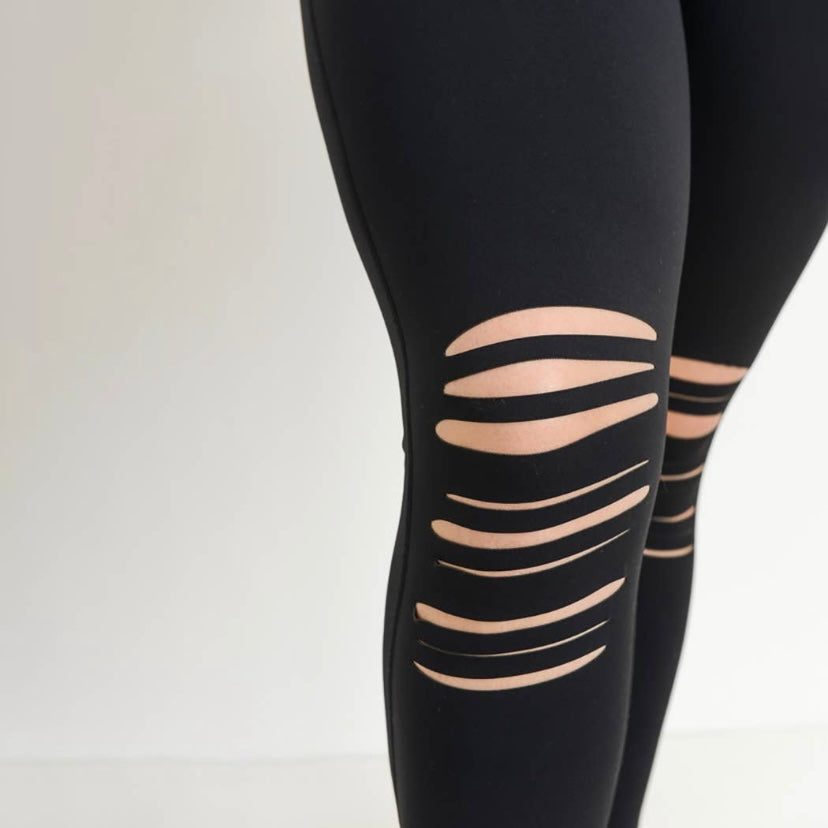 Mono B RED - Highwaist Shredded Knee Laser-Cut Leggings - Be Majestical  Boutique