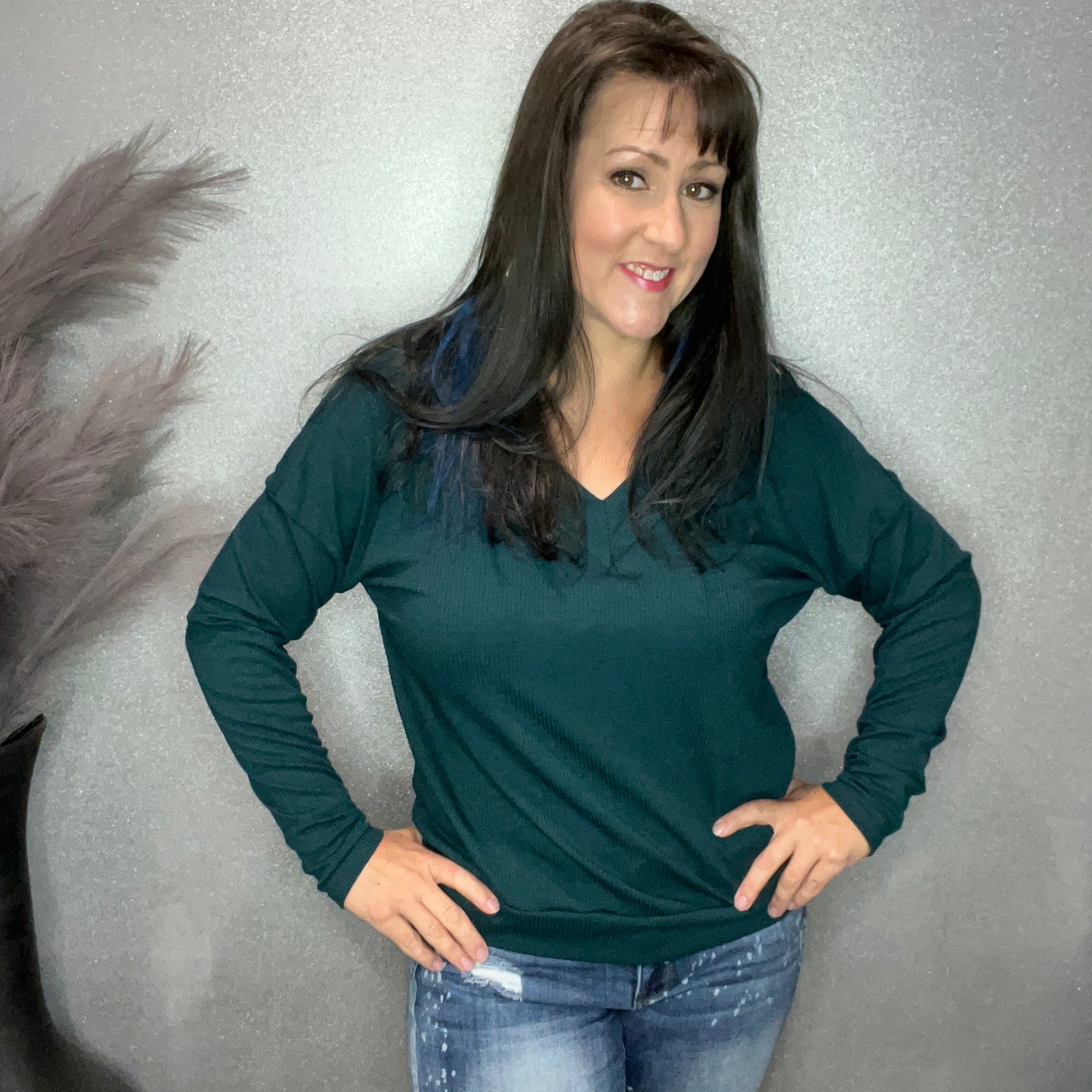 Relaxed Ribbed Knit V-Neck Top