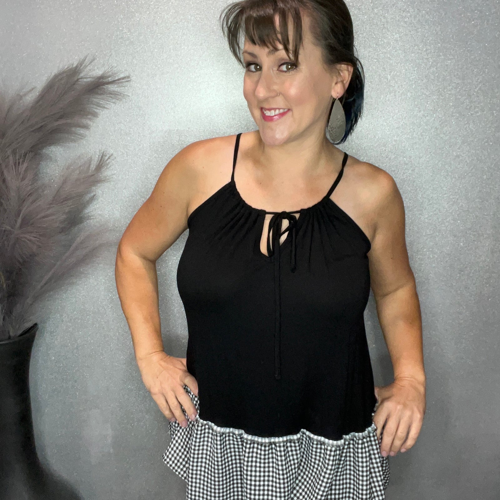 Checkered Ruffle Tie Front Tunic