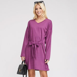 Long Sleeve Tie Front French Terry Dress - Plum