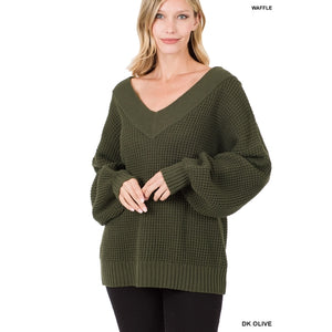 Balloon Sleeve Wide V-Neck Sweater