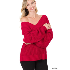 Balloon Sleeve Wide V-Neck Sweater