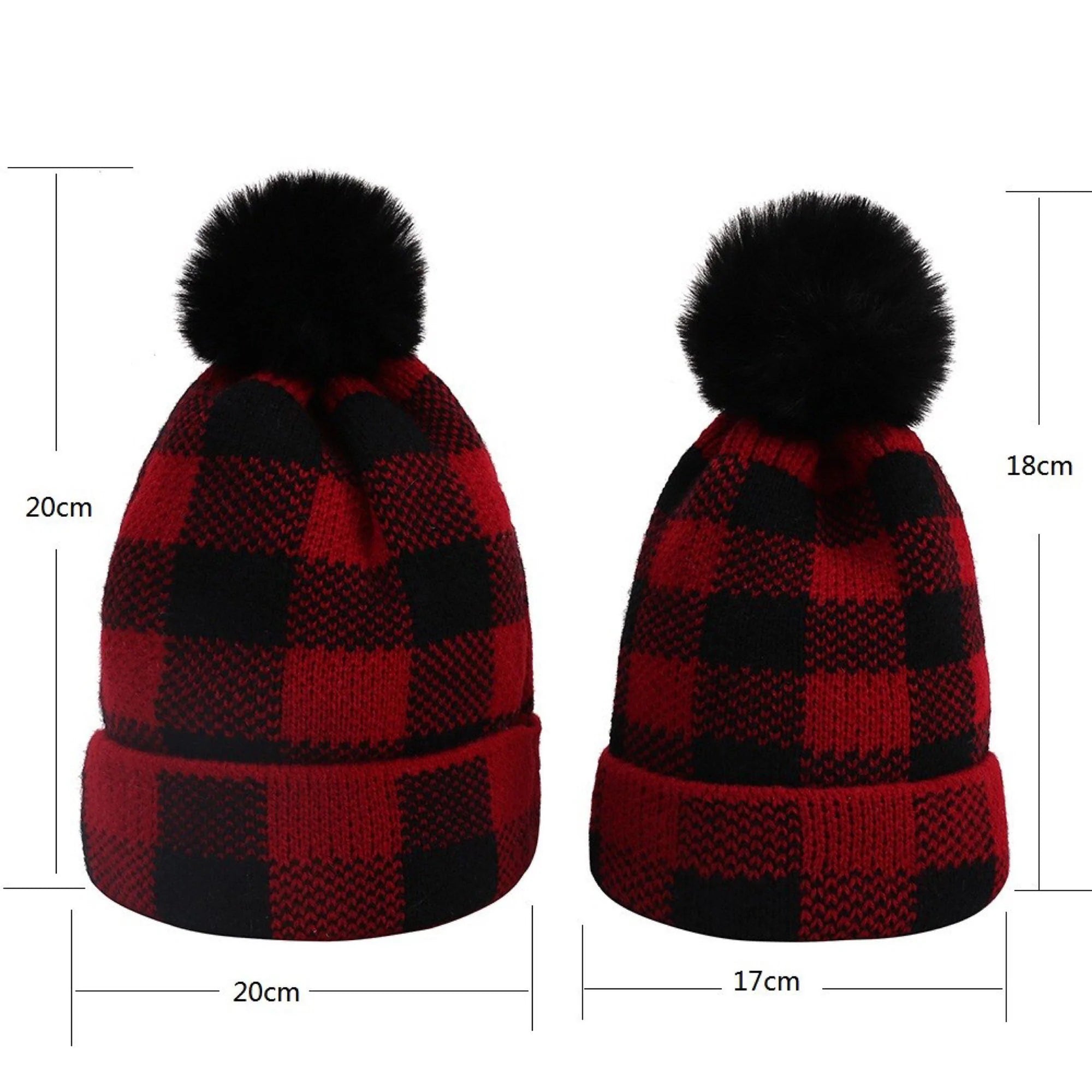 adult and child red and black buffalo plaid beanies with black poms on top with dimensions
