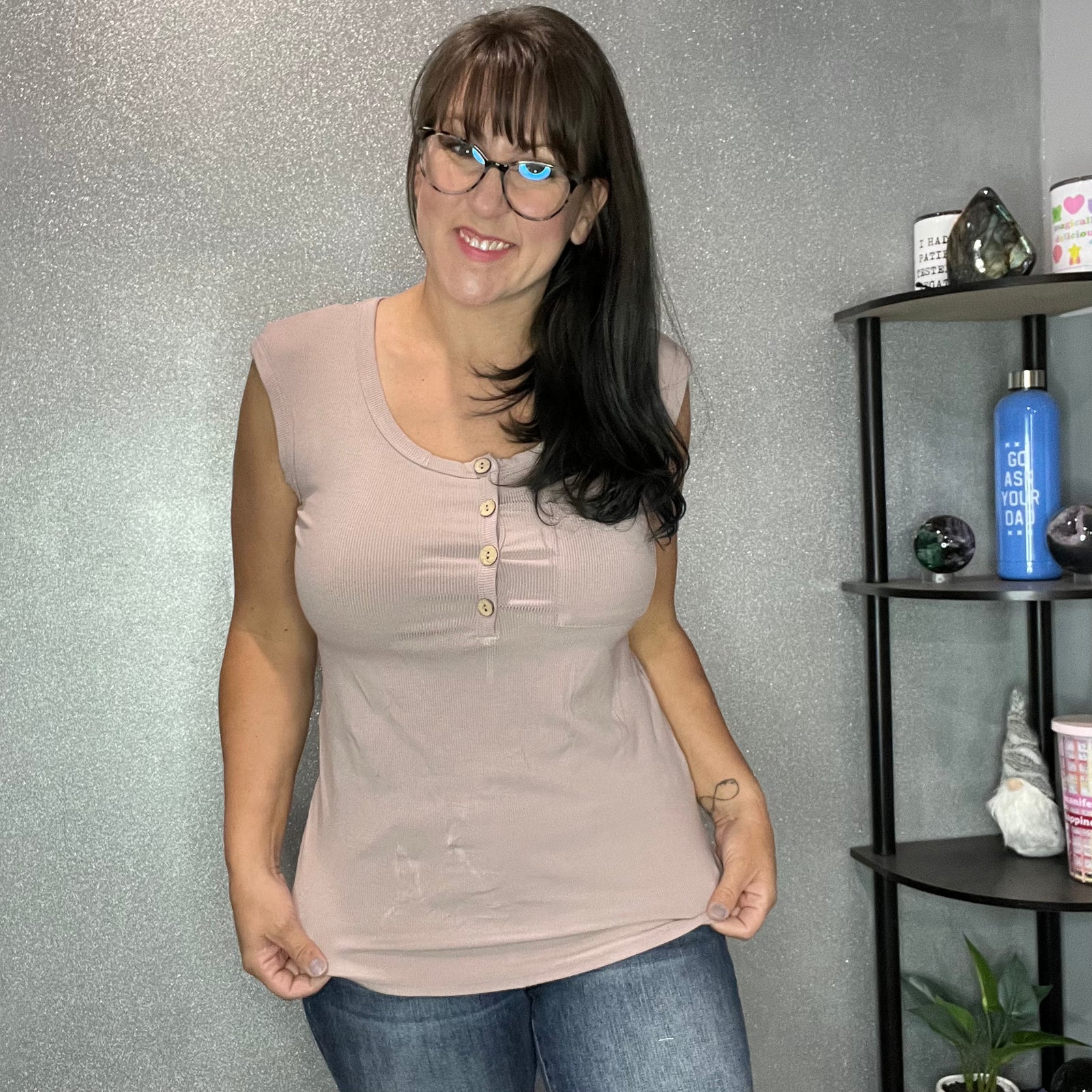 Ribbed Henley Cap Sleeve Top