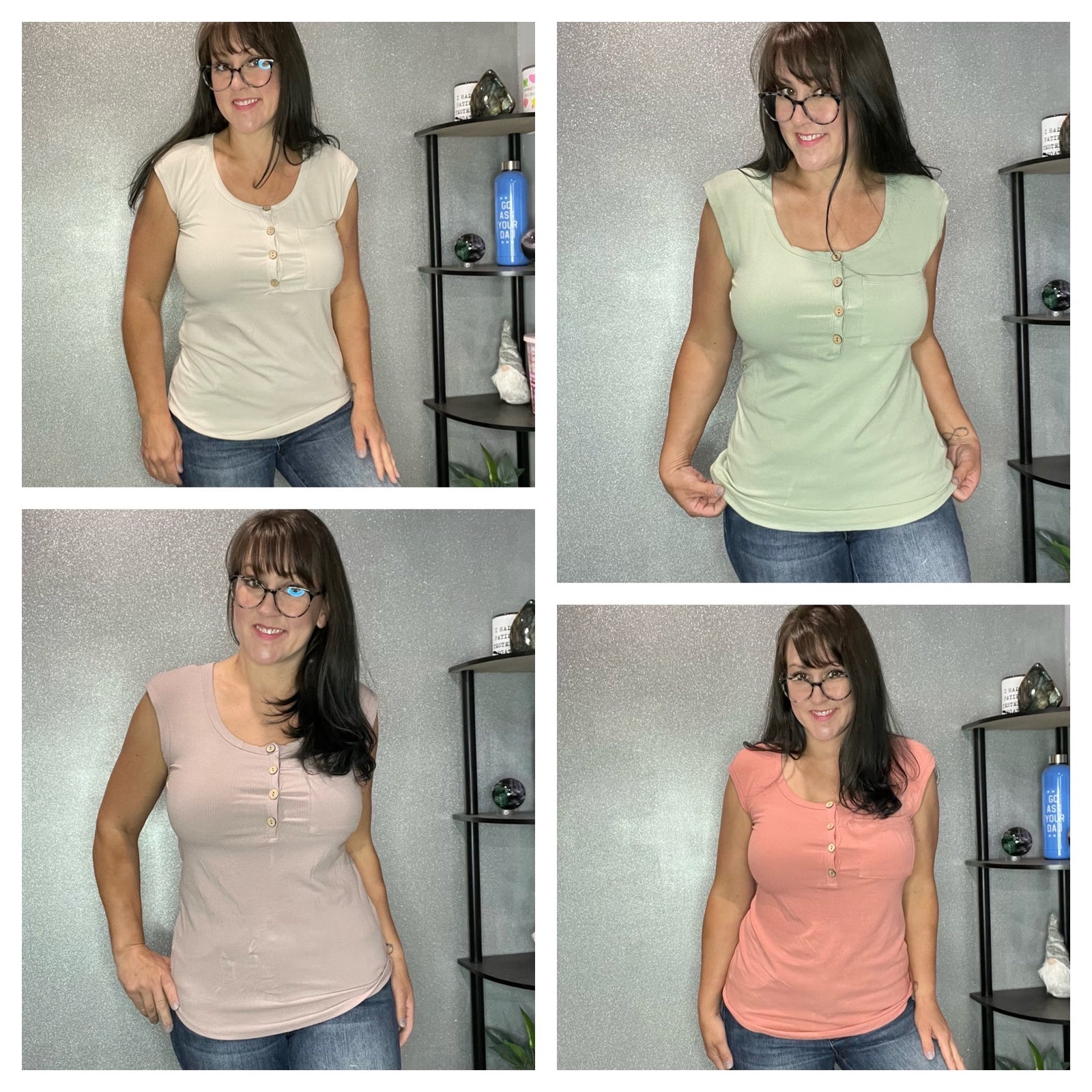 Ribbed Henley Cap Sleeve Top