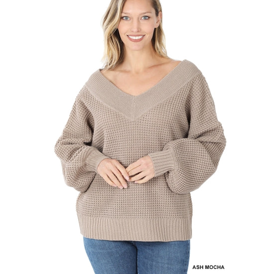 Balloon Sleeve Wide V-Neck Sweater