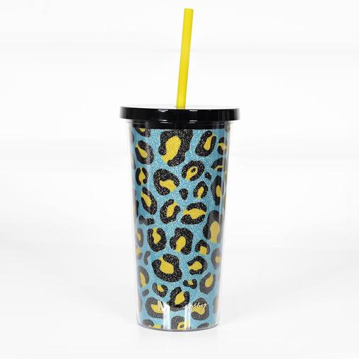 Glitter Tumbler w/Straw - Teal/Yellow Leopard